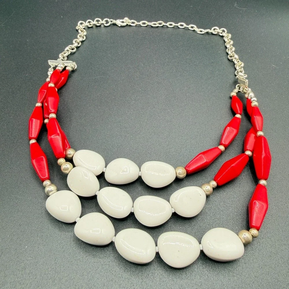 Red White Beaded Statement Necklace Silver Tone Triple Strand Chunky Boho Gift
